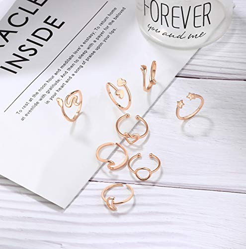12Pcs Adjustable Rings for Women Cute Star Moon Heart Wave Snake Ring Set Thumb Knuckle Stackable Rings Band Jewelry