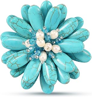 Double Sunflower Simulated Turquoise and Cultured Freshwater White Pearl Floral Pin or Brooch