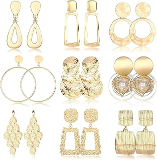 FIASASO Stainless Steel Clip-On Earrings - Set of 9 - Diverse Geometric Designs in Golden & Silver Tones - For Women - Non-Piercing, Dangle Designs: Teardrop, Rectangle, Ball, & Trapezoid Shapes