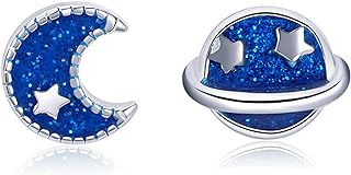 Push Back BISAER Enamel Stud Earrings in Sterling Silver & Cubic Zirconia for Women and Girls, Moon Star Design