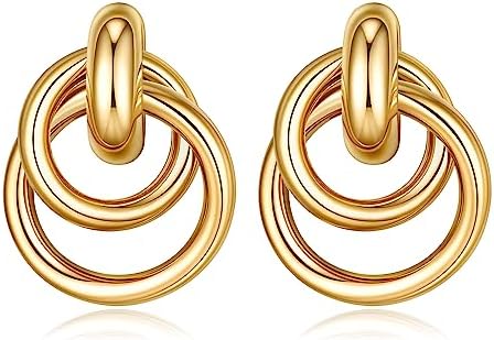 Chunky Gold Statement Hoop Earrings for Women 14k Large Twisted Geomertic Double Circle Hoop Earring Trendy Jewelry