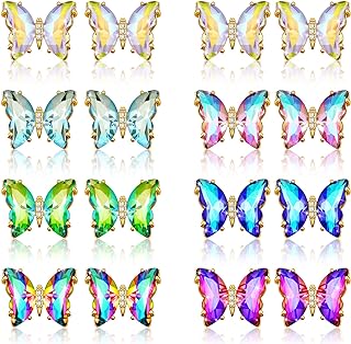 Vibrant Butterfly Stud Earrings with Push-Back Design for Women and Girls - 8 Pairs of Colorful Copper & Rhinestone Accents
