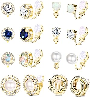 Jstyle Women's 8Pairs Opal, Cubic Zirconia and Simulated Pearl Stud Earrings - Non-Pierced Clip-On Design in Silver, Brass and Rubber Material