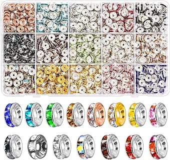 900 Pieces Rondelle Spacer Beads for Jewelry Making, 8mm Rhinestone Spacer Beads Crystal Bead Spacers for Bracelets, Focal Beads for Pen, 15 Colors