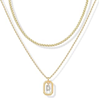 PAVOI 14K Gold Plated Cubic Zirconia Letter Pendant Layered Necklace | Framed Initial Letter Cable Singapore Chains Layering Necklaces for Women