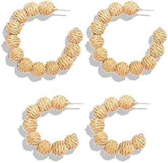 Boho Rattan Hoop Earrings with Cubic Zirconia & Yellow Gold Hinged Clamp for Women – Handcrafted Wicker Jewelry for Summer