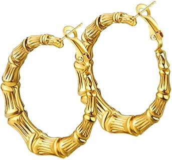 Bandmax Womens Bamboo Hoop Earrings 30MM/40MM/60MM/80MM Big Huggie Hoop Earrings Stainless Steel/Gold Plated/Black Hypoallergenic Hip Hop Earrings for Women Girls