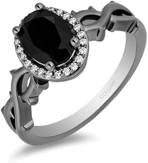 Jewelili Enchanted Disney Fine Jewelry Black Rhodium Over Sterling Silver with 1/10 CTTW Diamond and Black Onyx Maleficent Thorn Ring Size 7