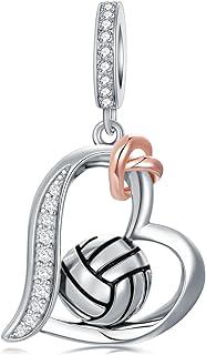 Volleyball Charm Bracelet with Box Chain and Lobster Clasp, Sterling Silver for Women Girls, Heart shaped Pendant Design