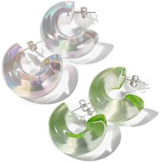 Chunky Acrylic Hoop Earrings Sets for Women Thick Rhinestone Resin Open Hoops Colorful Geometric Earrings Lightweight Hypoallergenic for Sensitive Ears