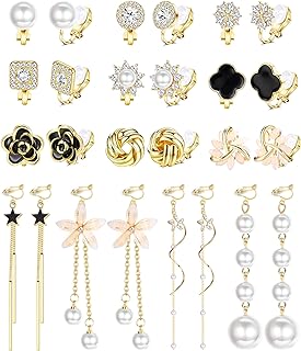 Clip-On Flower Designs CZ Earrings Set for Women & Girls with Alloy Metal, Drop Shape, Cubic Zirconia Finish, Florideco 13 Pairs