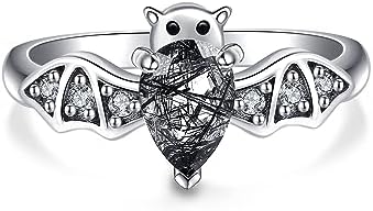 Bat Ring 925 Sterling Silver Bat Moonstone/Natural Black Rutilated Ring Gothic Jewelry Gifts for Women