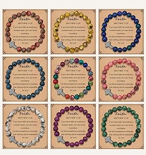 9Pcs Cross Bracelets for Women-8mm Natural Stone Healing Stretch Bracelet Christian Gifts for Women Mother Daughter Sister Girlfriend Grandma Wife with Prayers Card