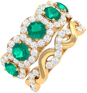 Real Emerald Wedding Rings Set of 2 for Women (AAA Quality Certified, with Diamond), Eternity Ring Bridal Set with Emerald and Diamond, Wide Band with Stackable Ring