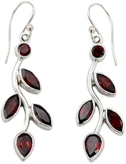 NOVICA Artisan Handmade Garnet Flower Earrings Sterling Silver Indian Jewelry Red Dangle Marsala Leaf Tree Birthstone [1.9 in L x 0.6 in W x 0.2 in D] ' Scarlet Bouquet'