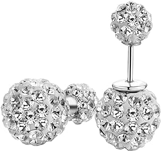 DIB 925 Sterling Silver Sparkle Bling Crystal Rhinestone Earrings Double Sided Front Back Ball Stud Earrings for Women Girls 10mm