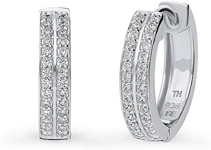 Sterling Silver Hinged Snap Back Double Row Hoop Earrings with Sparkling Berricle Cubic Zirconia for Women, Medium Size, Rhodium Plated