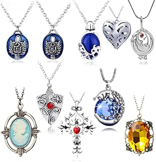 Antique Silver 10-Piece Vampire Diaries Inspired Locket Necklace Set with Secure Lobster Clasp - Zinc Alloy, No Gemstones, Hypoallergenic, Ideal for Fans, Gifts, Cosplay, and Fashion 'Elena Gilbert, Katherine, Bennett Bonnie Amulet' Design Series