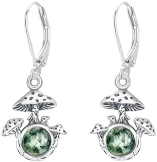 Lever Back Moss Agate Drop Earrings in Sterling Silver by OHAYOO - Mushroom Design for Women - Elegant Mushroom Jewelry Gift for Nature Lovers