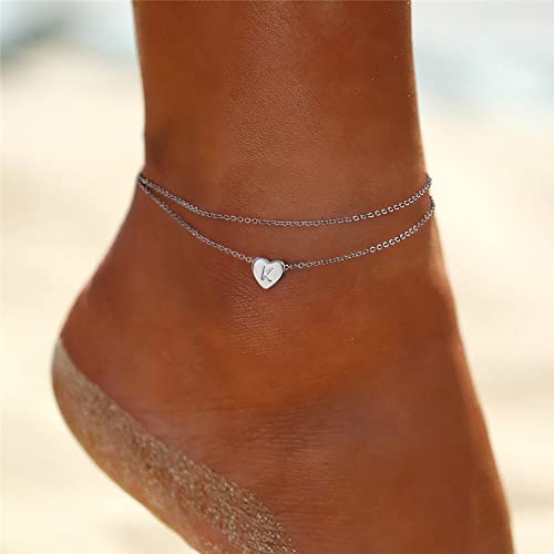 Silver Heart Initial Ankle Bracelets for Women, 14K White Gold Filled Handmade Dainty Layered Silver Anklet Letter Initial Heart Ankle Bracelets for Women Silver Summer Foot Beach Jewelry