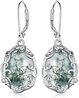 Moss Agate Earrings 925 Sterling Silver Filigree Agate Earrings Leverback Teardrop Moss Agate Jewelry Gifts for Women