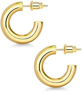 wowshow Chunky Gold Hoop Earrings, Small Gold Hoop Earrings for Women 14K Real Gold Plated Thick Open Hoops Lightweight