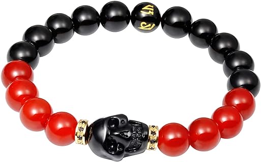 Unisex Black Obsidian Skull Bead Bracelet with Clasp-Free Bead Chain and Red Agate Crystals - Stone Crafted Feng Shui Wealth Enhancer