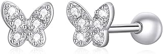 BISAER 925 Sterling Silver Stud Earrings with Screw Back and Cubic Zirconia Gems for Women - Butterfly Heart Star Design Cartilage Jewelry