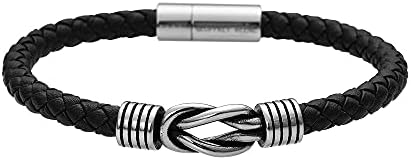 Geoffrey Beene Men's Braided Genuine Leather Knot Bracelet with Stainless Steel Closure