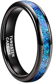 4mm Silver/Black Tungsten Rings for Women Men Engagement Wedding Bands Genuine Blue Green Galaxy Opal Inlay Domed Polished Comfort Fit