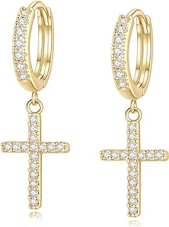Hinged Hoop Cross Dangle Earrings with 14K Gold Plating + Yellow Gold and Cubic Zirconia for Women, Men - Petite, Lightweight Design