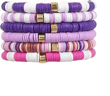 Women's Alloy Metal Bohemian Purple Clay Bead Bracelet with Easy-on Clasp, Summer Surfer Bead Design for Girls and Women