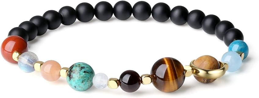 Mens Womens Onyx Stone Solar System Bracelet with Lobster Claw Clasp, Alloy Chain, Guardian Star Design by COAI
