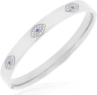 My Daily Styles Stainless Steel White Blue CZ Evil Eye Hamsa Protection Bangle Bracelet