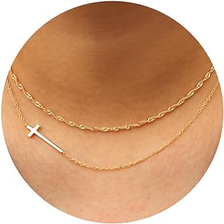 14K Gold Plated Crisscross Chain Cross Necklace with Cubic Zirconia Gems for Women by ORAZIO - Elegant & Modern Layered Pendant Design