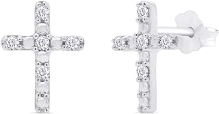 Wishrocks 1/20 Carat Round Cut White Natural Diamond Cross Stud Earrings For Women In 14K Gold Over Sterling Silver (Clarity : I2-I3, Color : I-J,0.05 Cttw)