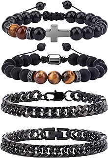 4-Piece His & Hers Stainless Steel Bracelet Set with Black Agate & Tiger Eye Beads, Cuban & Bead Link Chains, and Lobster Claw Clasp