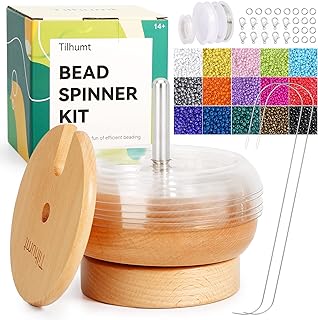 Tilhumt Bead Spinner Kit with 5 Quick Changed Bowls, 4.4" Clay Bead Spinner with 15,000 Beads (15 Colors) and 2 Big Eye Needles, Beading Supplies for Jewelry Making