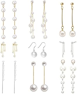9 Pairs Big Simulated Pearl Long Tassel Drop Earrings for Women Double Sided Front Back Pearl Earrings Cross Imitation Pearl Dangle Earrings
