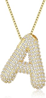 Gold Plated Brass Bubble Pendant Necklace with Box Chain, Cubic Zirconia Gem for Women and Teen Girls, Initial Design