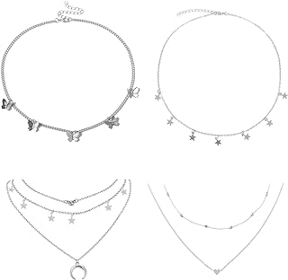 4 Sets Layered Choker Necklace Gold Butterfly Star Moon Heart Pendant Necklace Cute Vsco Multilayer Chain Choker Necklace for women teen girl