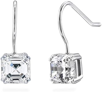 BERRICLE Sterling Silver Solitaire 3.2 Carat Asscher Cut Cubic Zirconia CZ Anniversary Fish Hook Dangle Drop Earrings for Women, Rhodium Plated