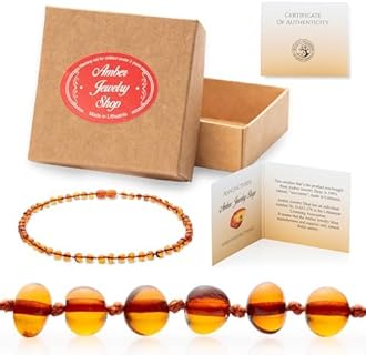 Unisex Baltic Amber Bead Necklace with Ball Chain – Genuine Cognac Amber, 12.5 inches, Originating from Lithuania