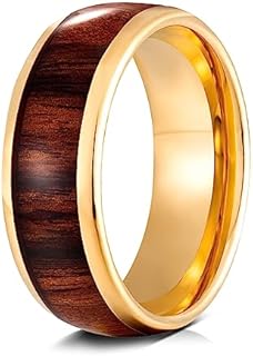 Tungsten Gold Rings For Men - 8mm Tungsten Wood Inlay Ring | Whiskey Barrel Meteorite Tungsten Rings For Men | Koa Wedding Rings For Men | Polished Mens Wedding Band Gold