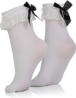 Charming White Satin Ruffled Anklet Socks with Black Bow - Perfect for Women and Teens, Vintage Lace Design