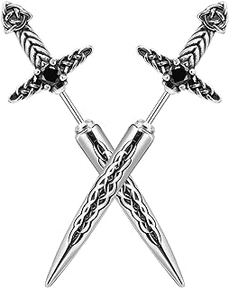 Stainless Steel Dragon Cuff Earrings with Screw Back Design for Men and Women - Gothic Sword and Celtic Knot Style - Punk Spike Dangle Earrings with Cool Cubic Zirconia Accents
