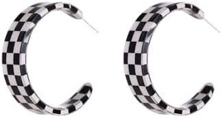 Women's Trendy Y2K Dainty Checkered Acrylic Huggie Hoop Earrings with Sterling Silver Push Back Post - Hypoallergenic Birthday Party Jewelry Gift