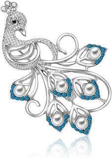 Luxury Peacock Pearl Brooches Elegant Blue Crystal Animal Brooches Silver Enamel Pin Brooches for Women (Silver)