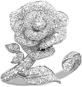 Elegant Rose Flower Engagement Ring for Women Girls Sparkling Rhinestone CZ Crystal Open Statement Rings Promise Wedding Ring Expandable Wrap Finger Band Anniversary Jewelry Gifts