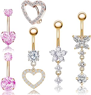 FIRSAUKI Belly Button Ring Pink 14G Surgical Stainless Steel Dangle Navel Belly Piercing Jewelry Cute CZ Heart Butterfly Bow Flower Navel Rings for Women Dangling Belly Button Piercing Silver/Rose Gold